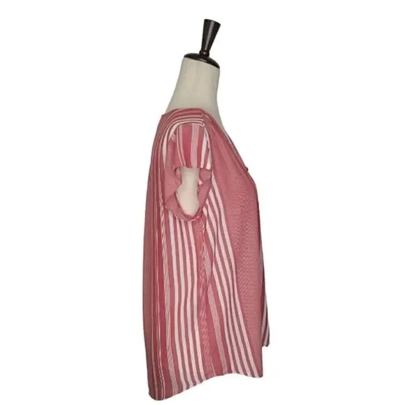 Liz Claiborne Red & White Striped V-neck Cap Sleeve Button Down Blouse Size S - Picture 4 of 8